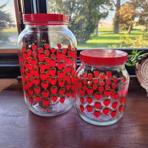 Pair Strawberry Canisters, Glass With Lids. 1 Gallon, 1/2 Gallon, Vintage